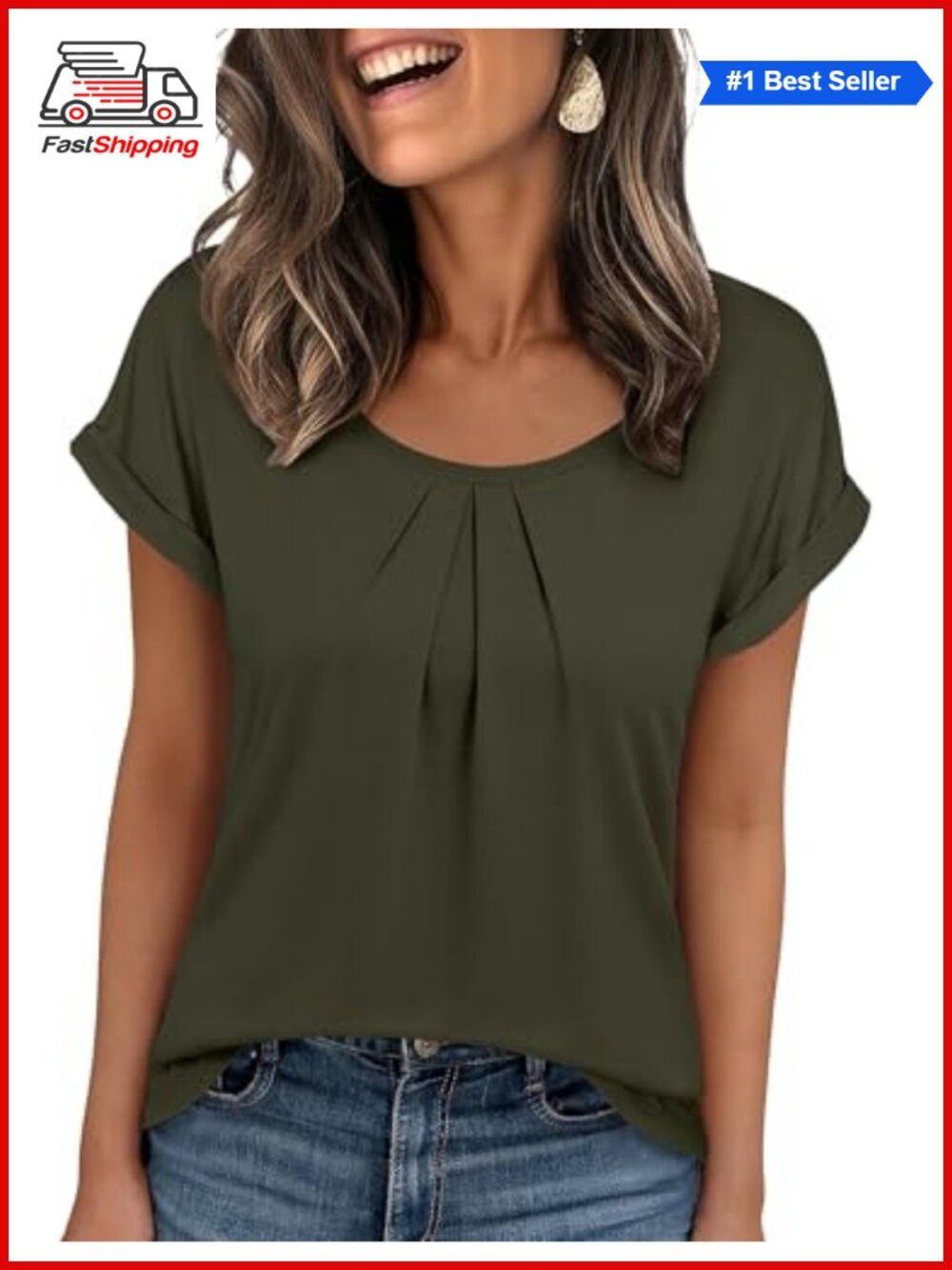 Women's Short Sleeve Pleated Scoop Neck T-Shirt Casual Top